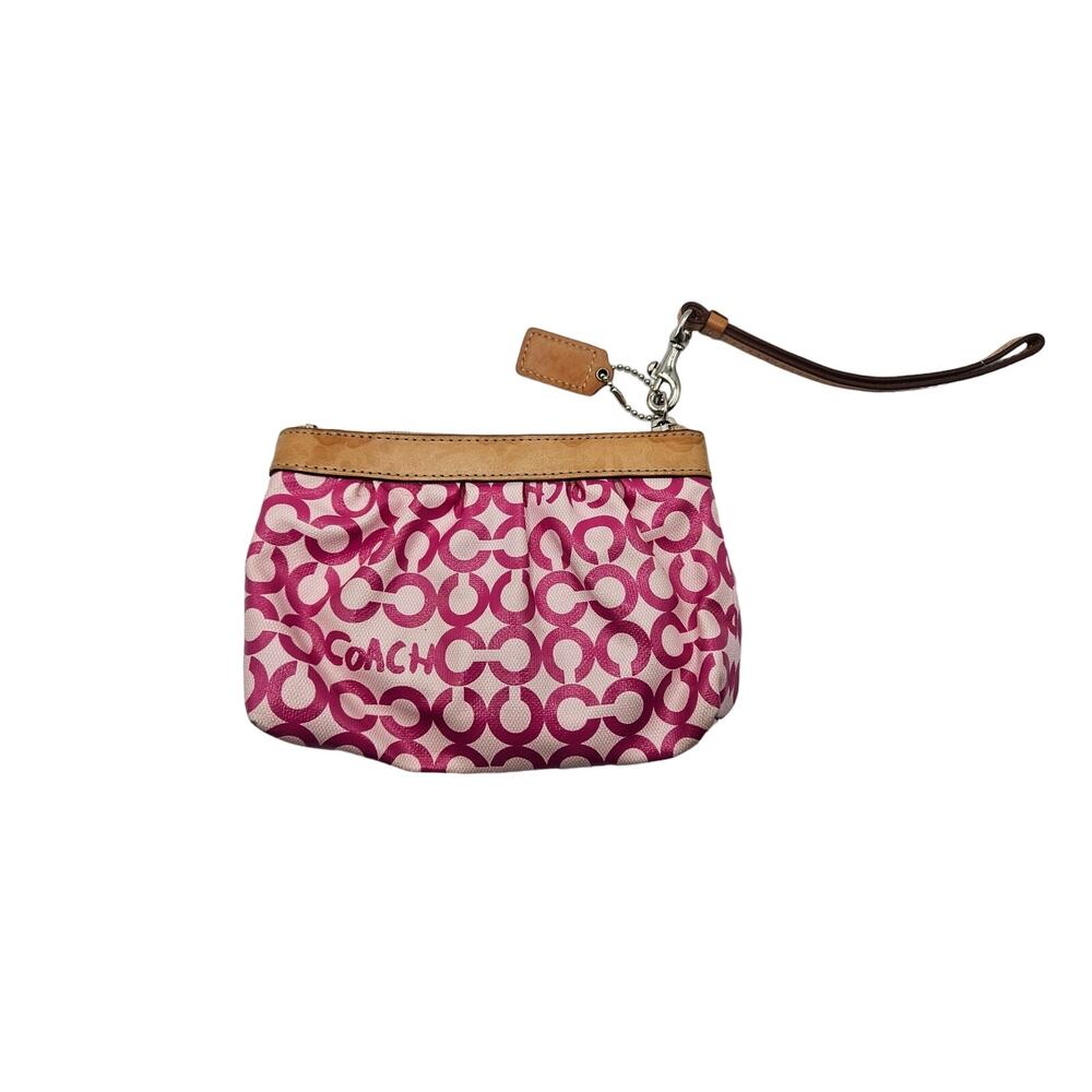 Coach Leah Opt Art Pink Coated‎ Canvas Tan Leather Cosmetic Toiletry Make-up Bag